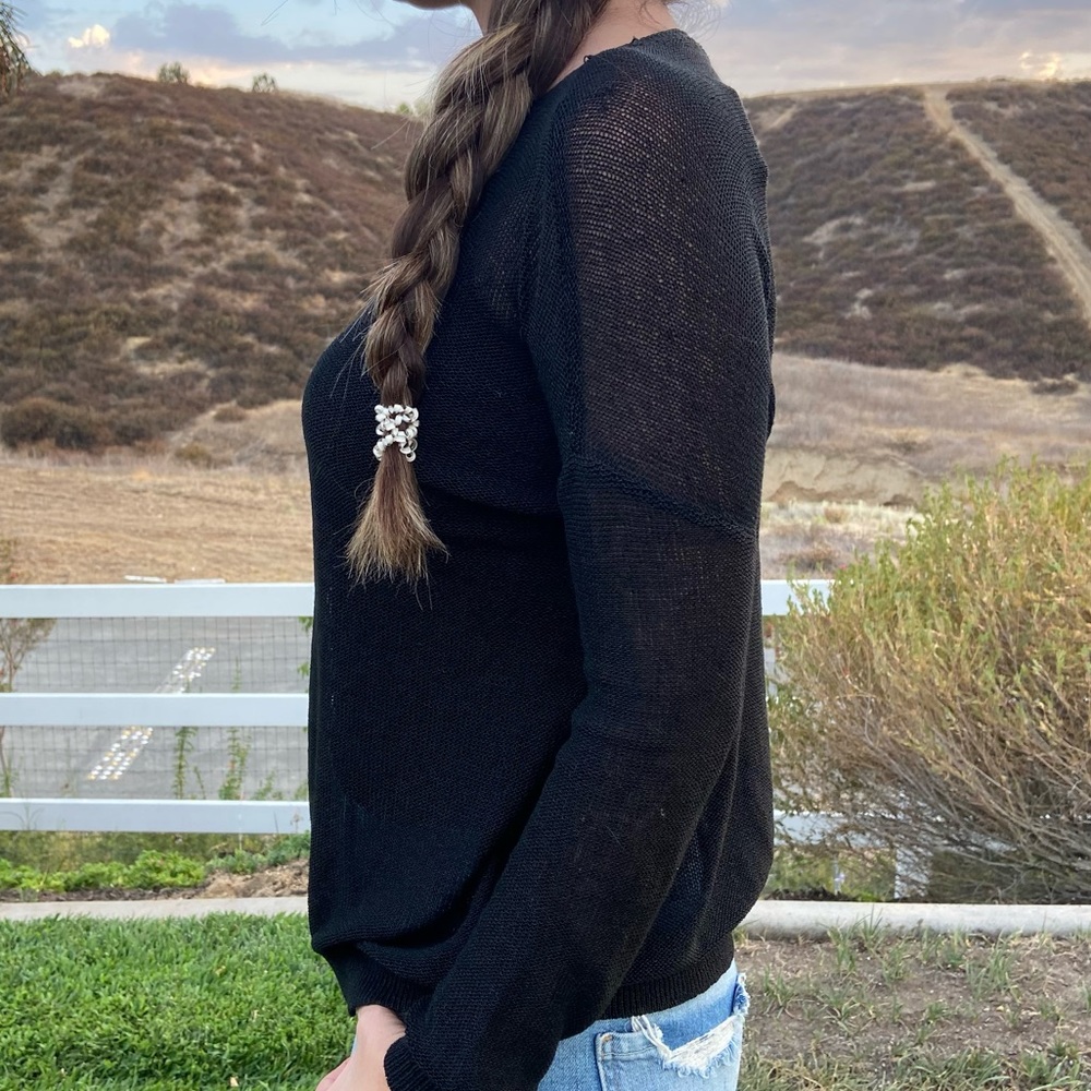 Alice + Olivia Black Linen Cotton Blend Knit Lightweight Sweater